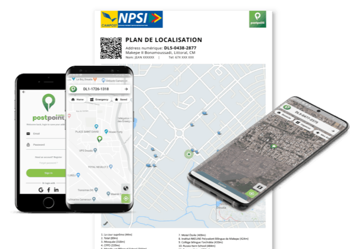Sample Postpoint localization map export: a certified DAC with QR code, satellite view, and nearby points of interest